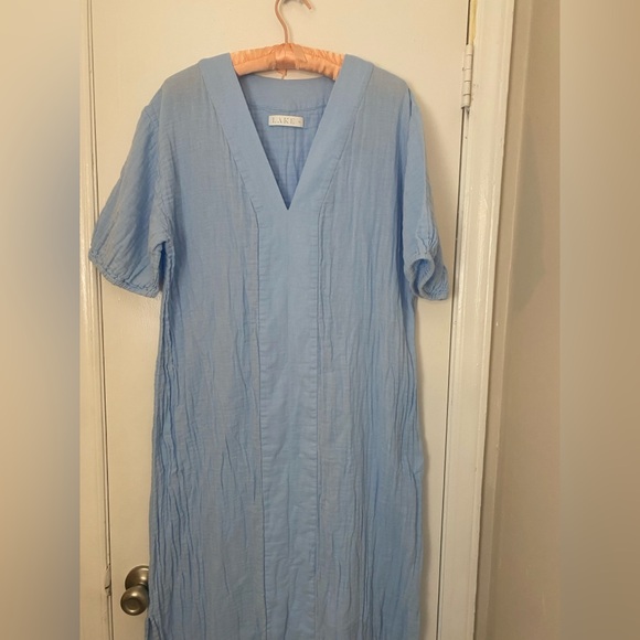 Lake Women’s Blue Cotton Gauze Caftan Maxi Dress V-Neck | Relaxed Fit - Picture 3 of 9